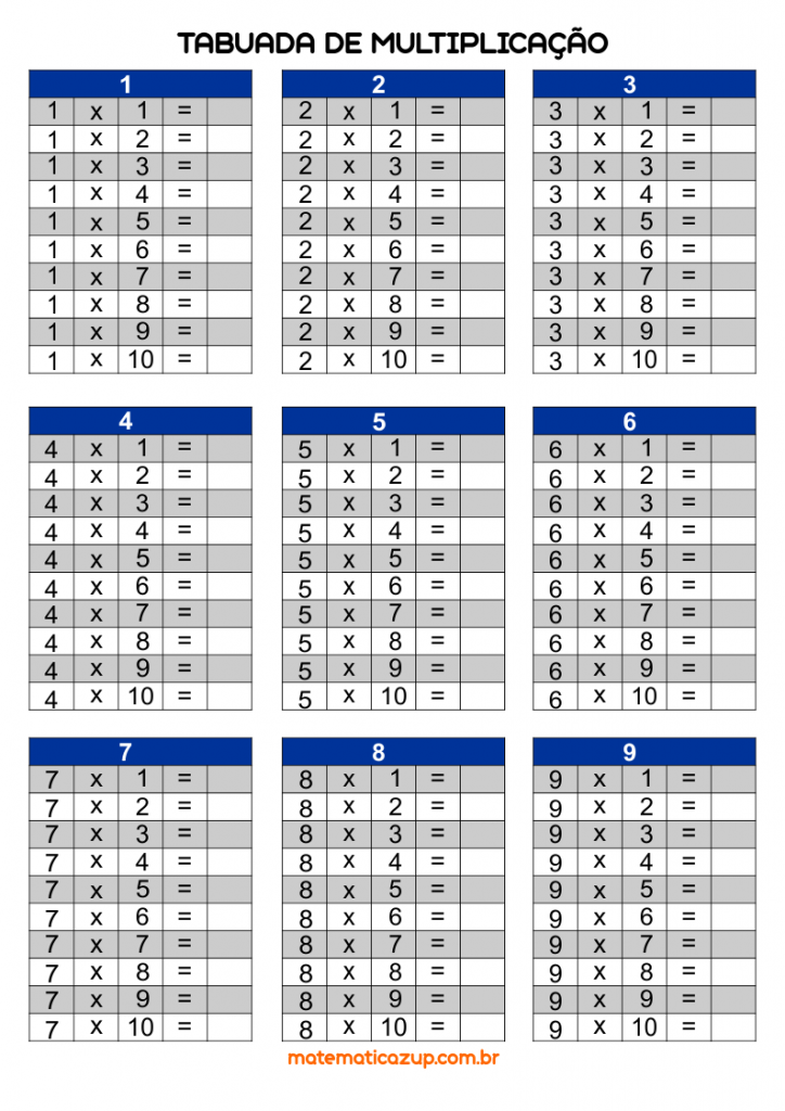 TABUADA PARA IMPRIMIR: Multiplicação, Adição, Subtração e Divisão