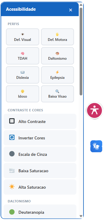 AZUP Plugin de Acessibilidade — painel com 8 perfis, alto contraste, daltonismo, VLibras e 20+ recursos