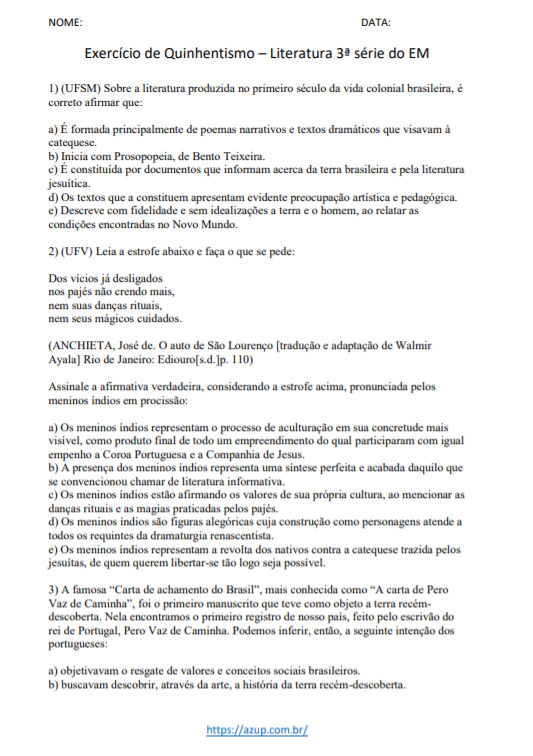 Os 20 Melhores Exercícios sobre Naturalismo com Gabarito