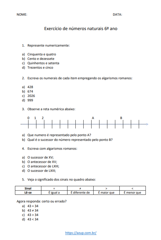 Matemática 6 ano prova